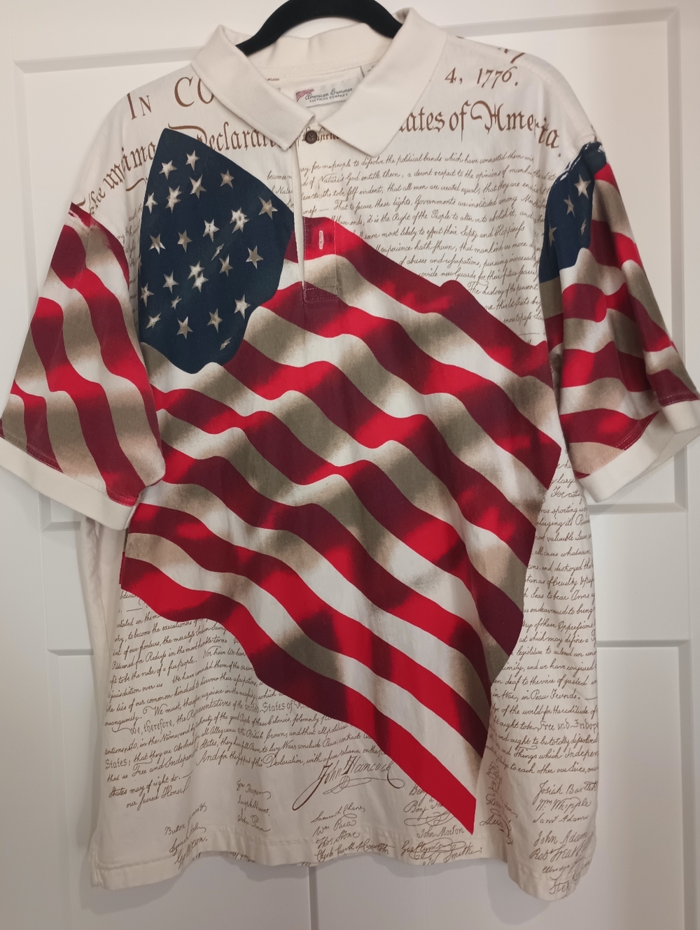 Patriotic Flag Constistution Print Polo Short Sleeve Shirt - White/Red/Blue XXL
